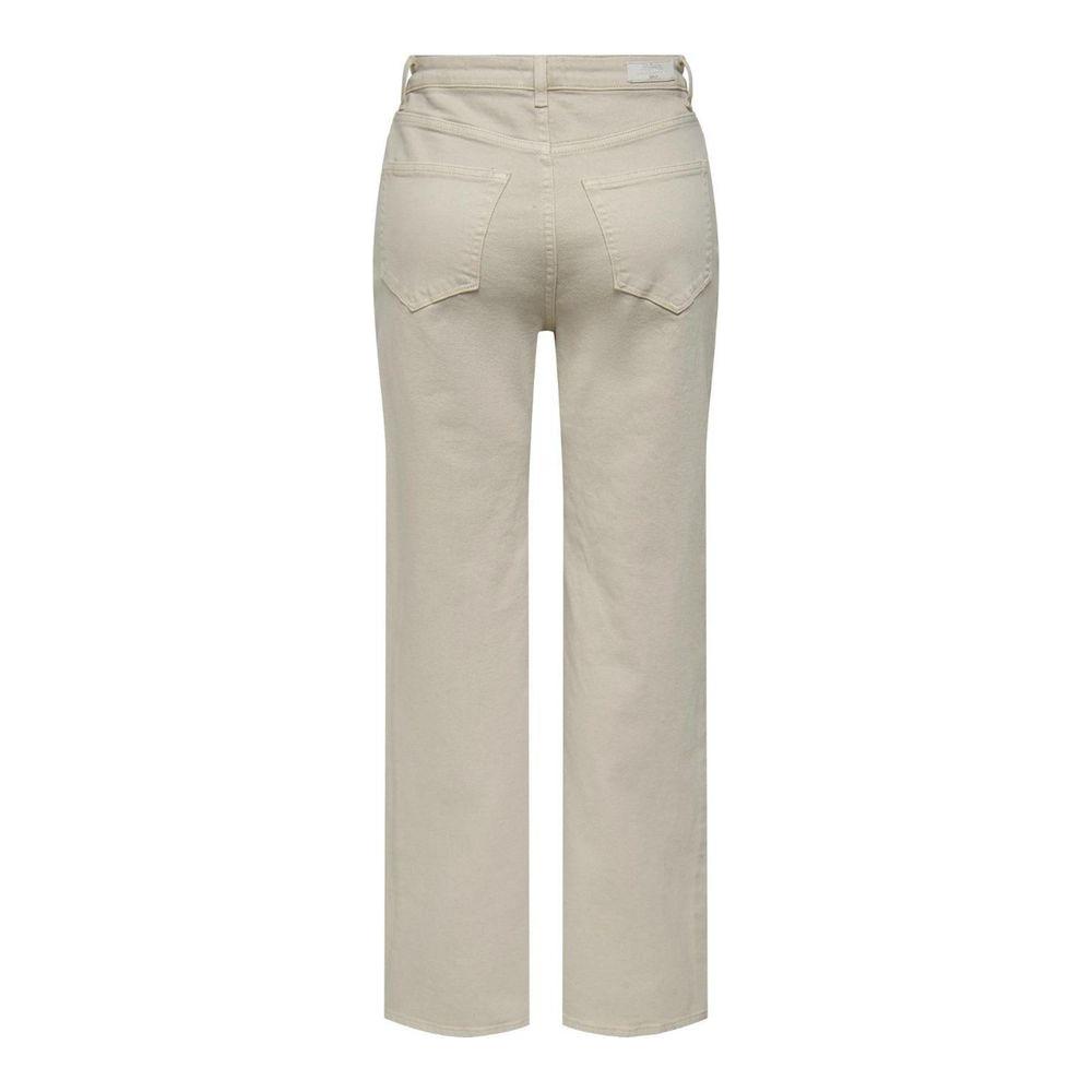 Back view of women's baggy beige cotton jeans, spring/summer collection, made from 99% cotton and 1% elastene, showcasing pocket details.