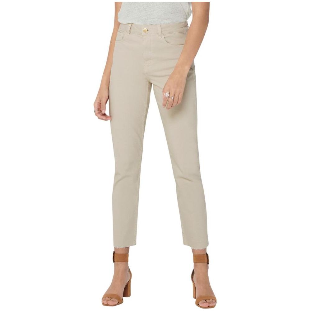 Beige cotton mom jeans with high waist and straight leg, offering a comfortable fit and stylish look for women.