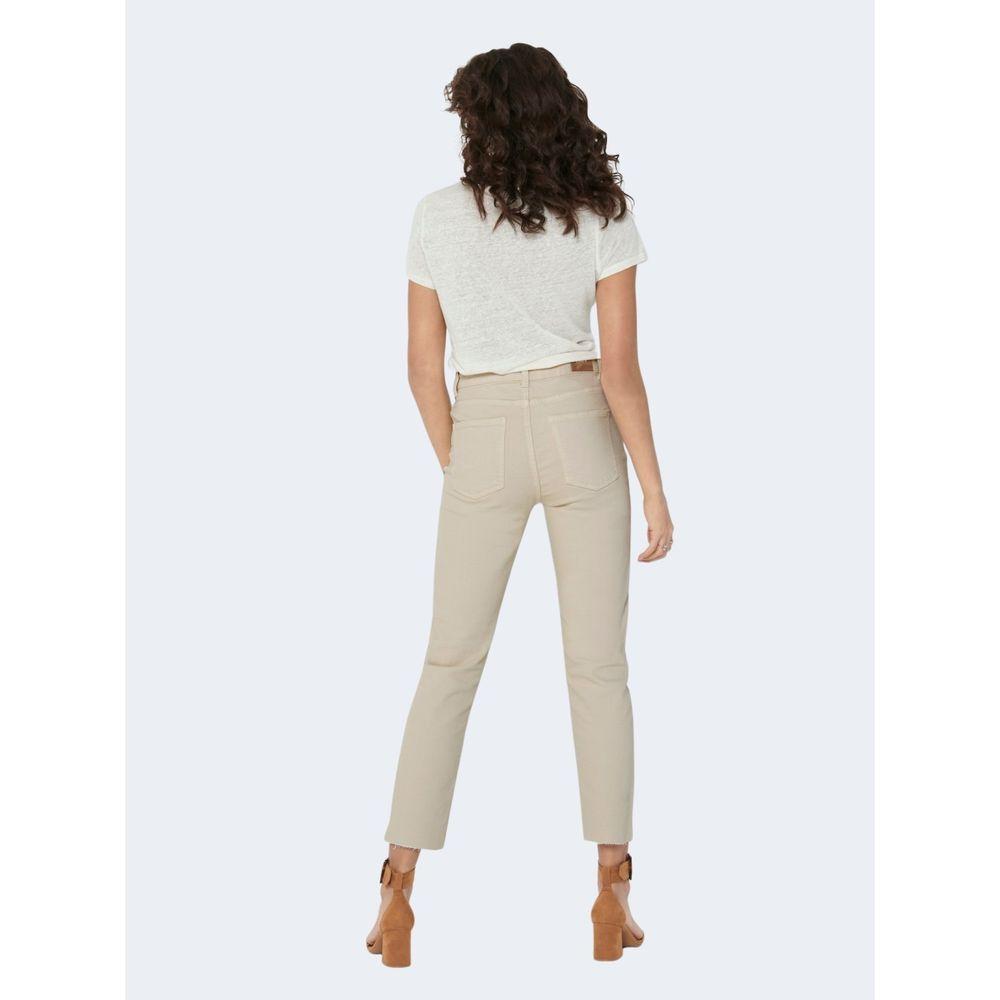Woman wearing Only Beige Cotton Jeans & Pant, high waist, straight leg, showcasing rear view for comfortable and versatile style.