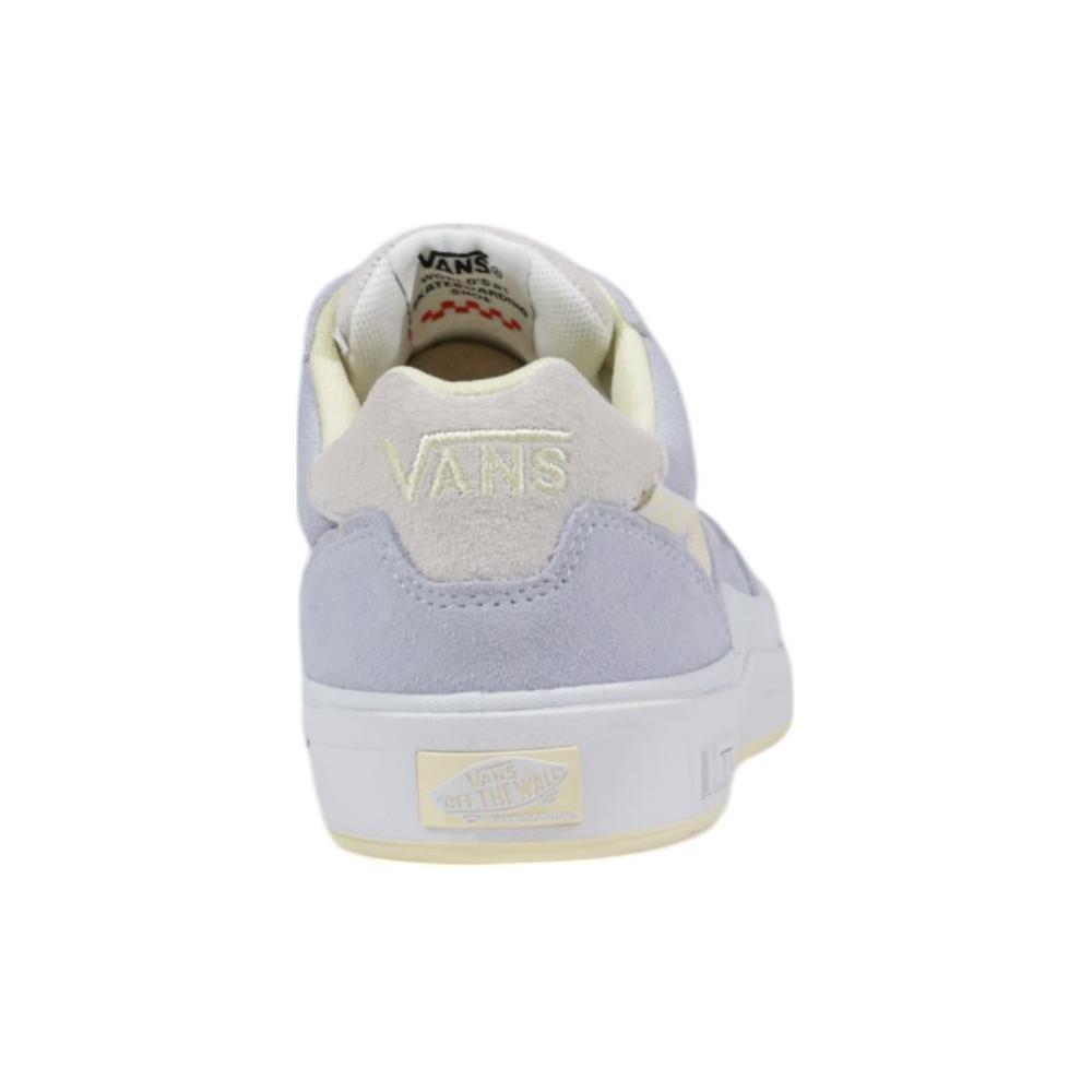 Back view of Vans purple suede leather sneaker showcasing the heel design and sturdy sole.