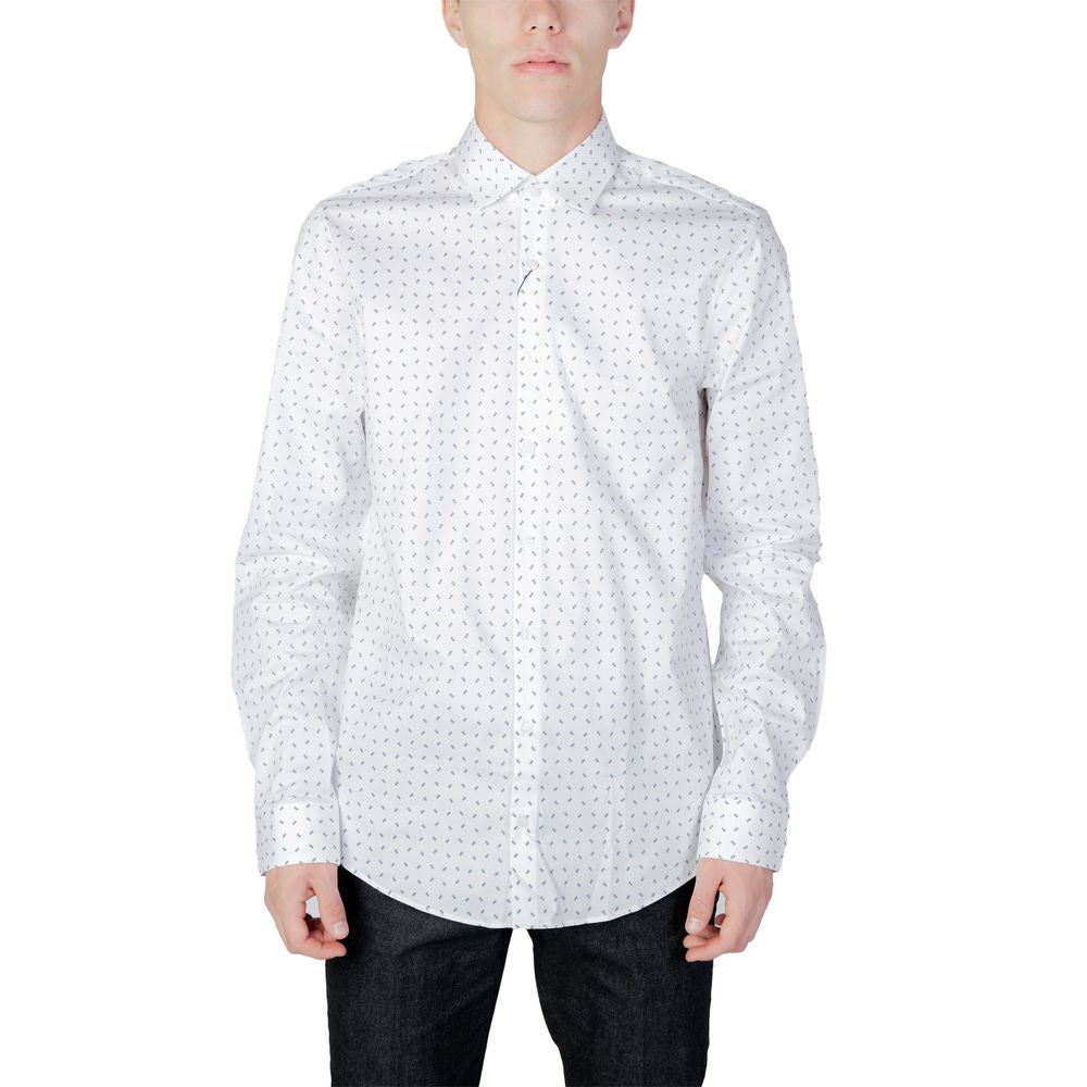 Men's Calvin Klein white cotton long sleeve shirt, perfect for fall/winter, featuring a comfortable elastane blend for modern style.