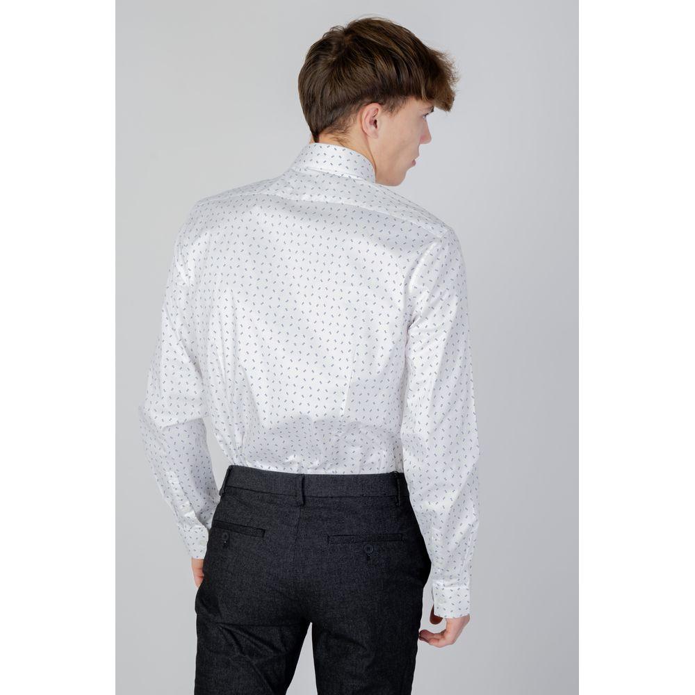 Back view of men's Calvin Klein white cotton long sleeve shirt, fall/winter collection, 96% cotton, 4% elastane.