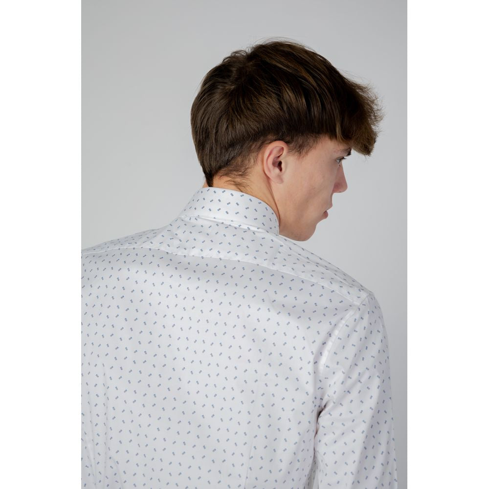 Calvin Klein men's long sleeve white cotton shirt with subtle pattern, perfect for fall/winter collection, back view.