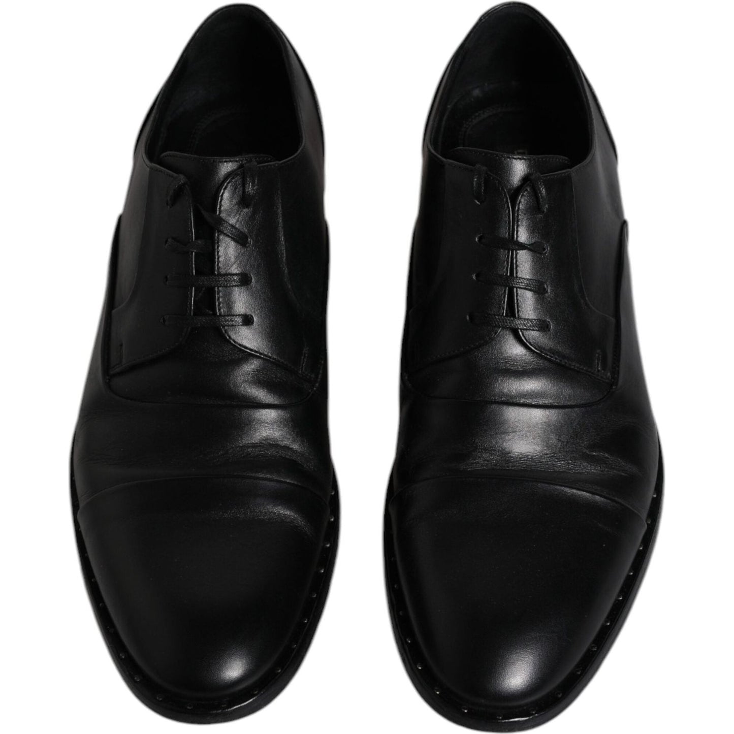 Dolce & Gabbana black leather derby formal shoes, men's lace-up design, front view, high craftsmanship, slightly pre-owned.