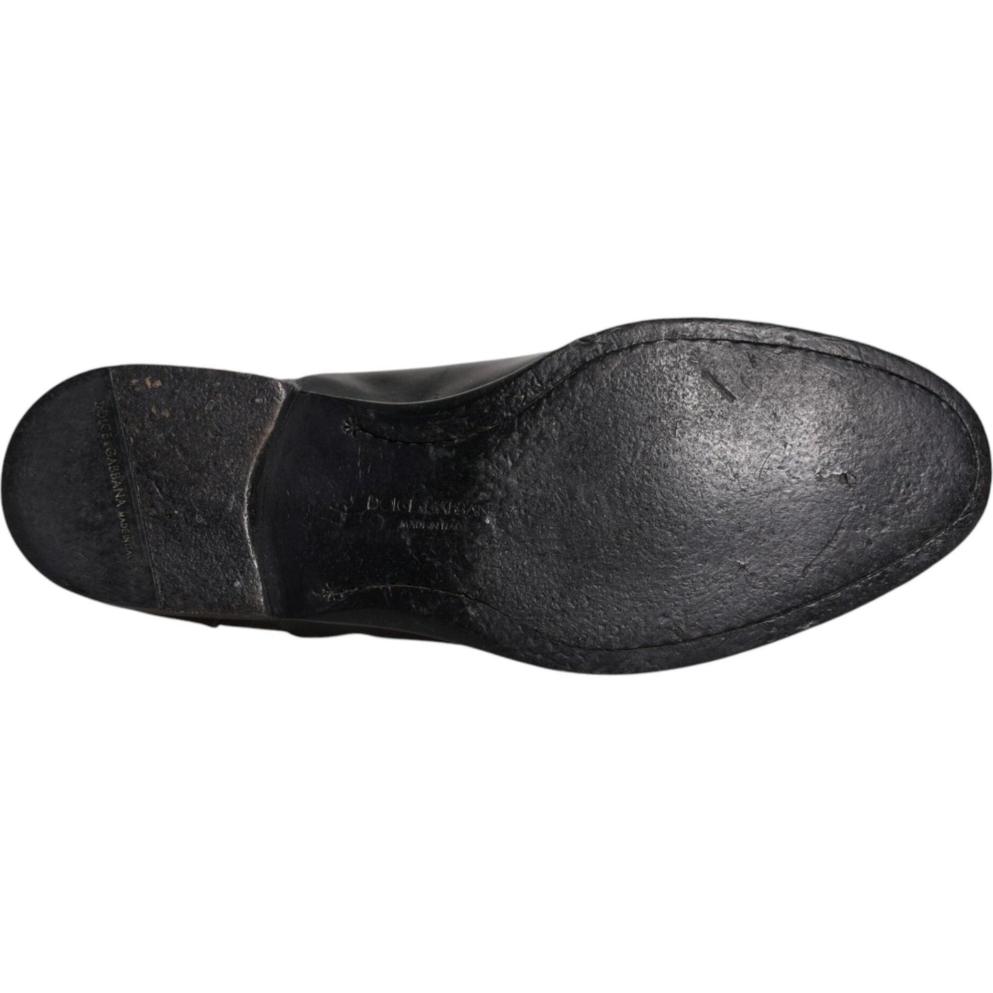 Sole view of a Dolce & Gabbana black leather derby shoe showcasing the high-quality calf leather and craftsmanship.