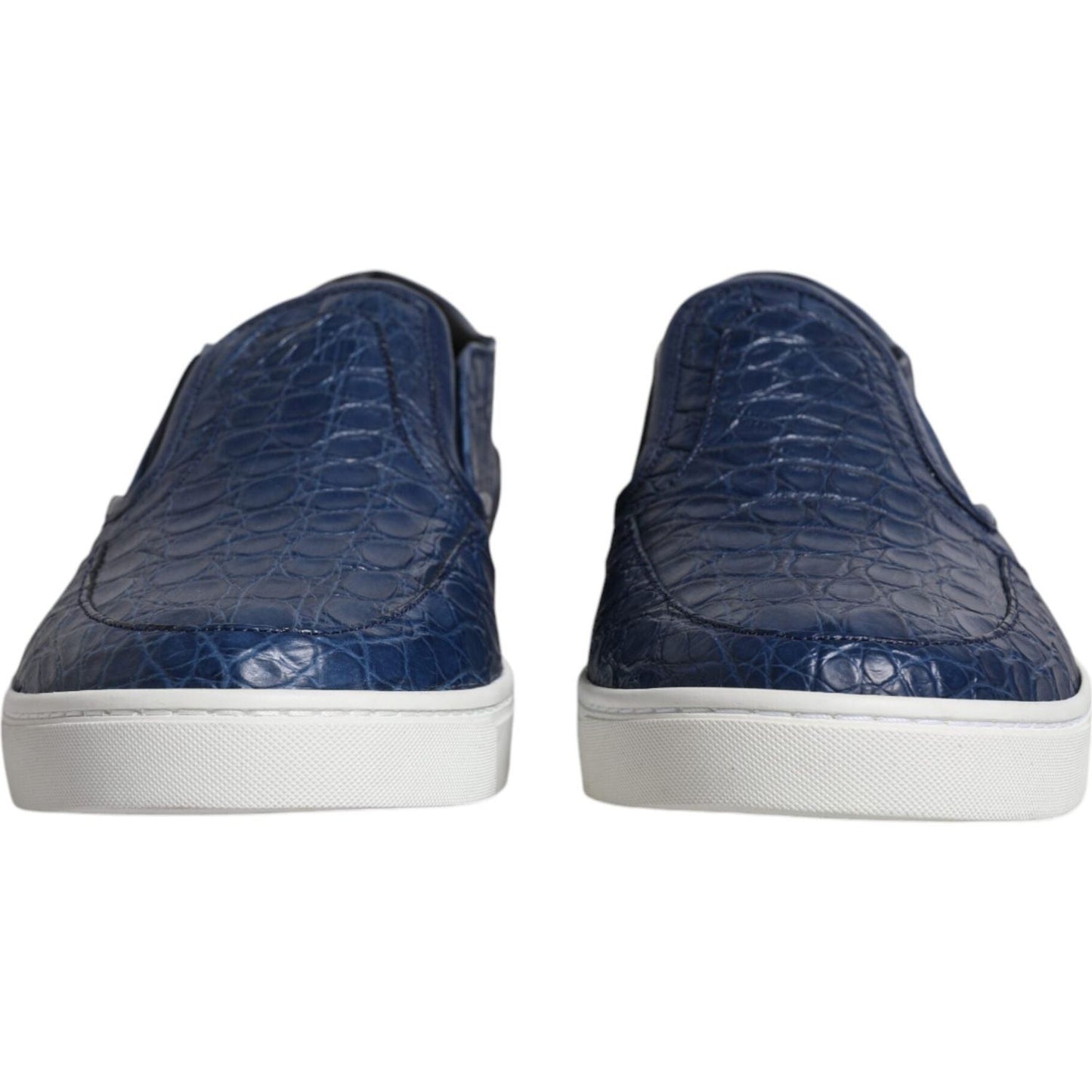 Dolce & Gabbana blue croc leather men's sneakers with white soles, luxury low-top design, authentic and exclusive craftsmanship.
