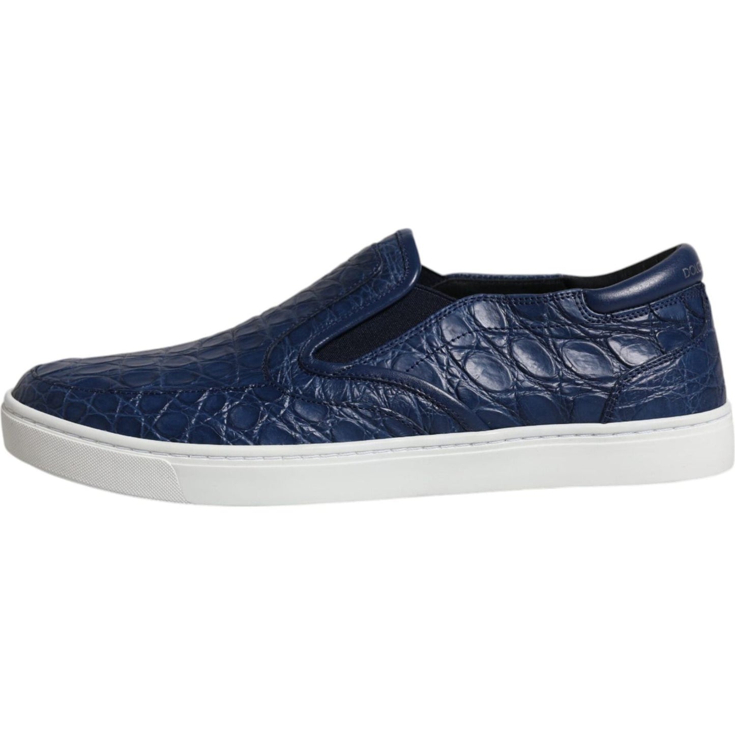 Dolce & Gabbana blue crocodile leather men's sneakers with white rubber sole, logo details. Exquisite craftsmanship, made in Italy.