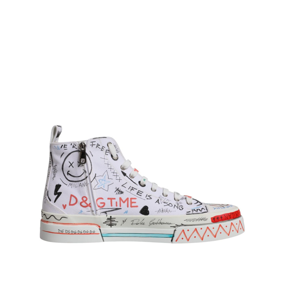 Dolce & Gabbana White Cotton Graffiti High Top Sneaker Shoes