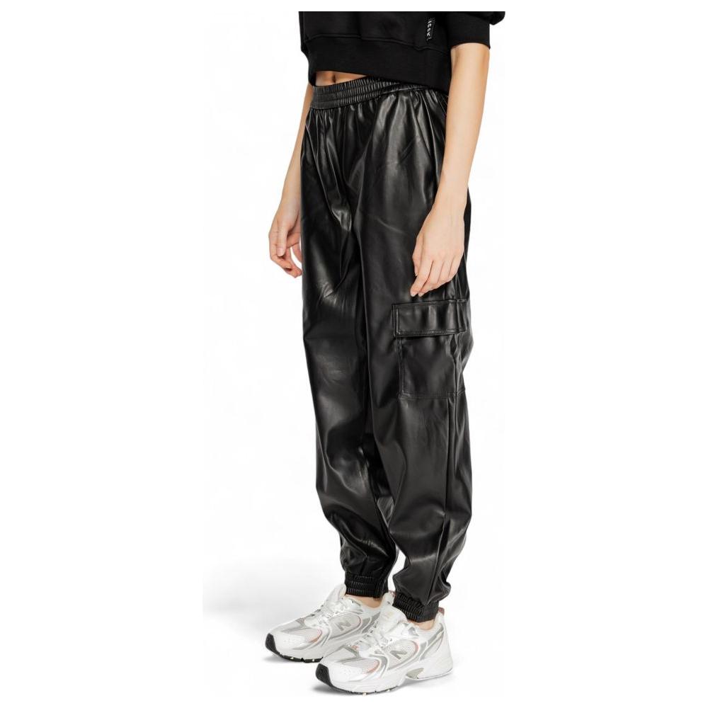 Women's black polyester pants, fall/winter collection, 100% polyester, side view showcasing sleek design.