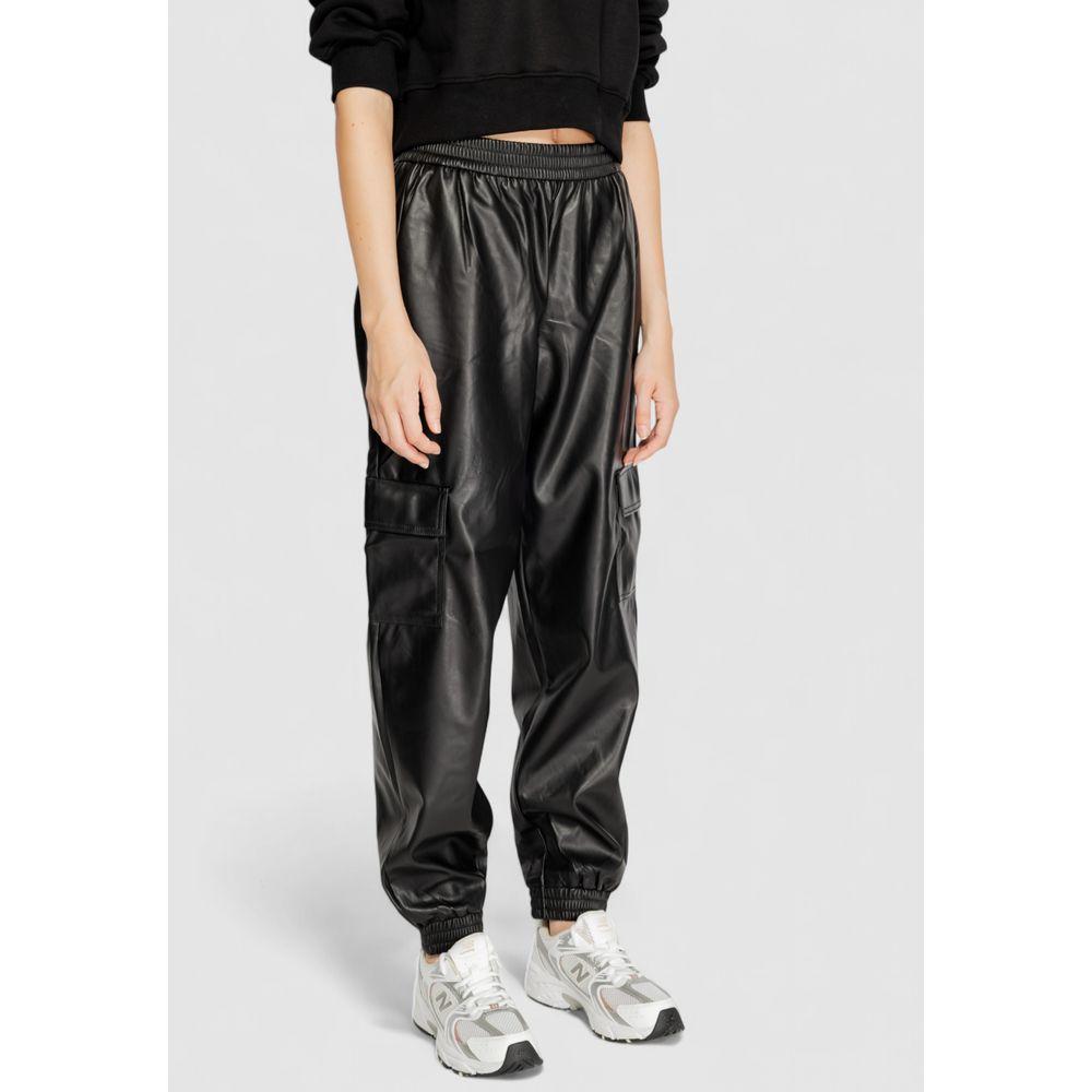 Women's black polyester pants, fall/winter collection, comfortable fit, 100% polyester stylish joggers with elastic cuffs.