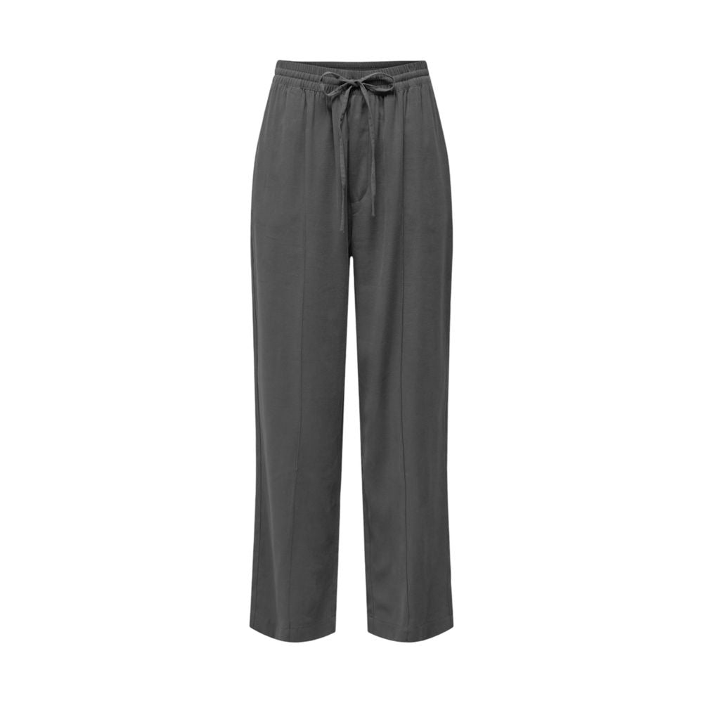 Jacqueline De Yong gray viscose women's pants, fall/winter collection, 89% viscose, 11% polyester, featuring elastic waist and tie.