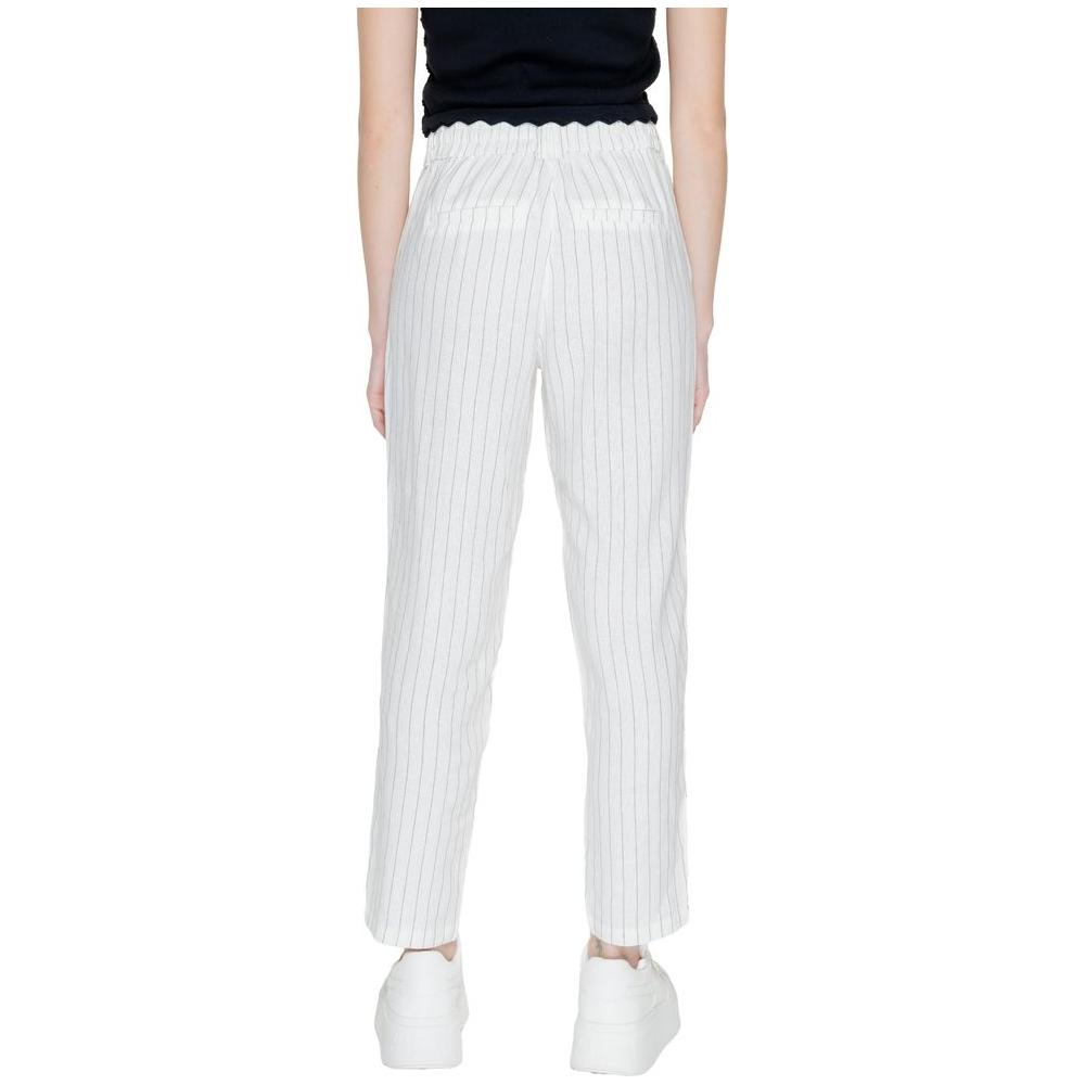 Back view of women's white linen blend trousers, spring/summer collection, featuring a comfortable regular fit and pinstripe design.