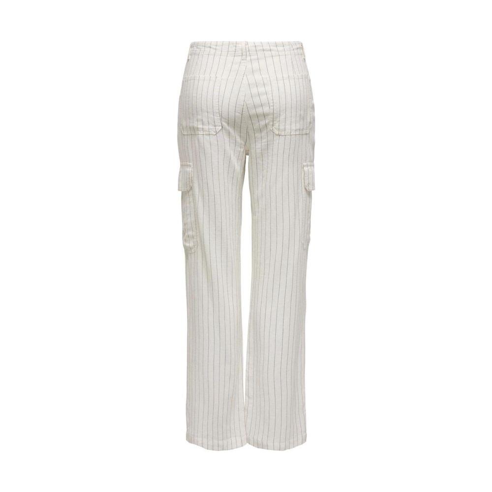Back view of women's regular white linen pants with pockets, suitable for spring or summer wear, made with 55% linen and 45% viscose.