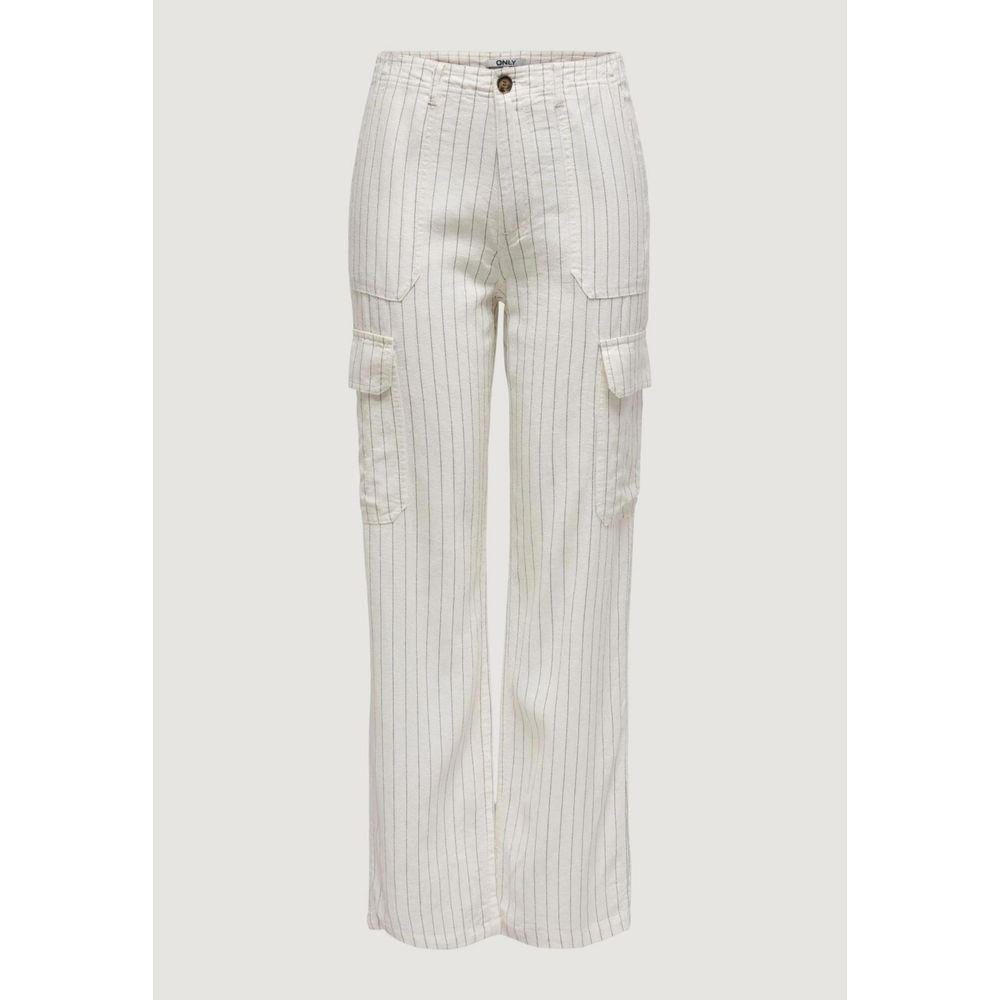 Women's white linen-viscose trousers, featuring a striped pattern and side pockets, from the Spring/Summer collection.