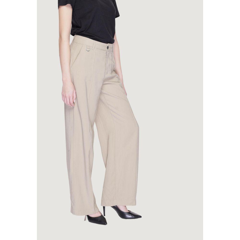 Women's beige viscose palazzo trousers, spring/summer collection, featuring Lenzing™ EcoVero™ fabric with polyester blend.
