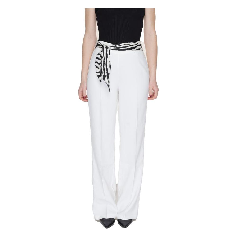 Women's white bootcut polyester pants with zebra print belt, perfect for spring-summer fashion, 89% polyester and 11% elastane.