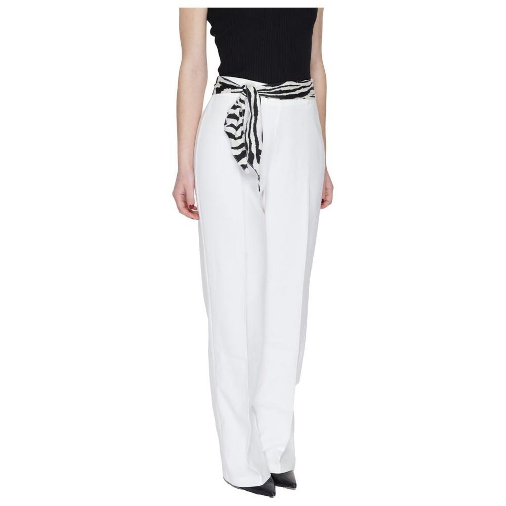 Women's white polyester bootcut pants with zebra print belt, part of spring/summer collection, 89% polyester, 11% elastane.