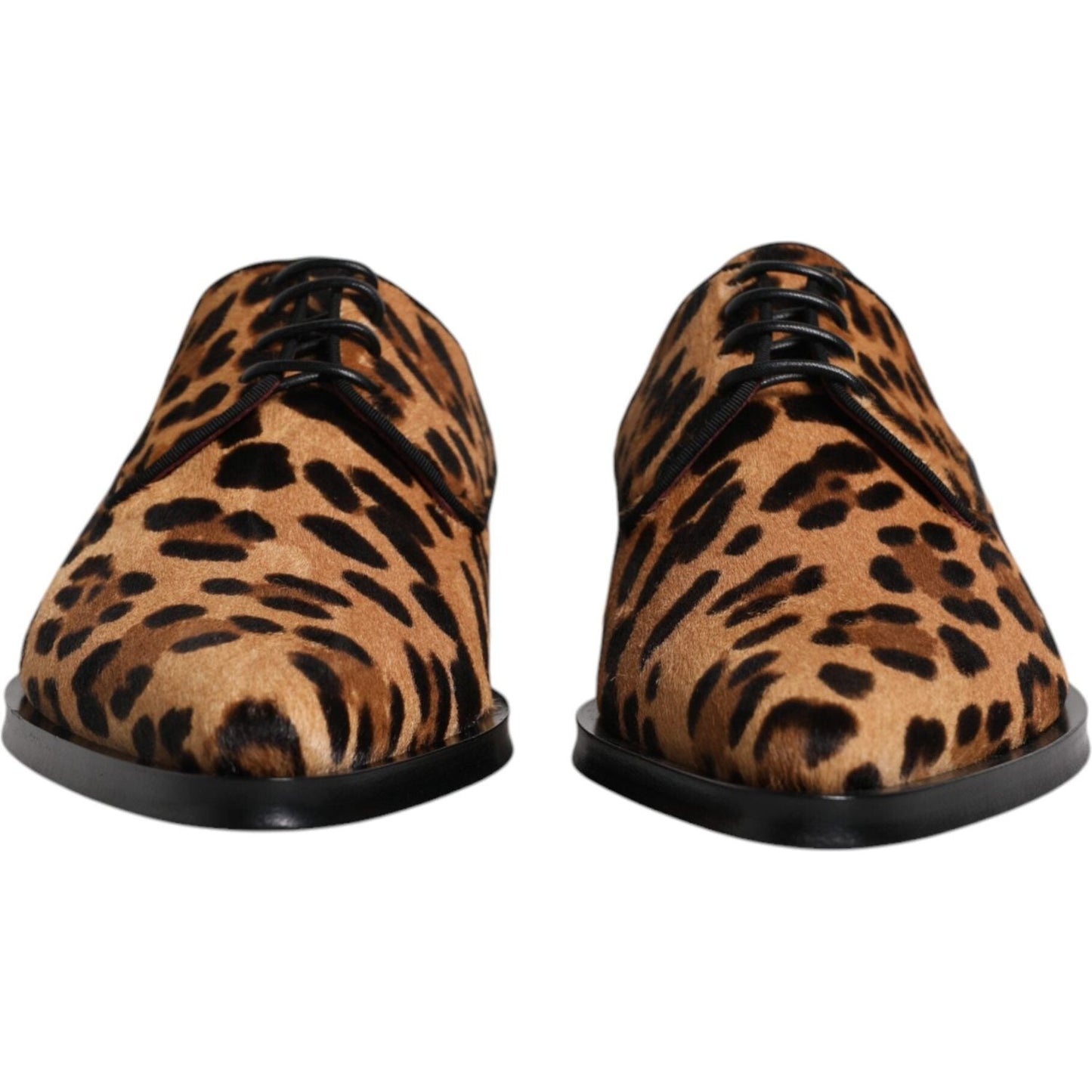 Dolce & Gabbana brown leopard print derby formal men's dress shoes with calf fur and leather sole, showcasing elegant design.