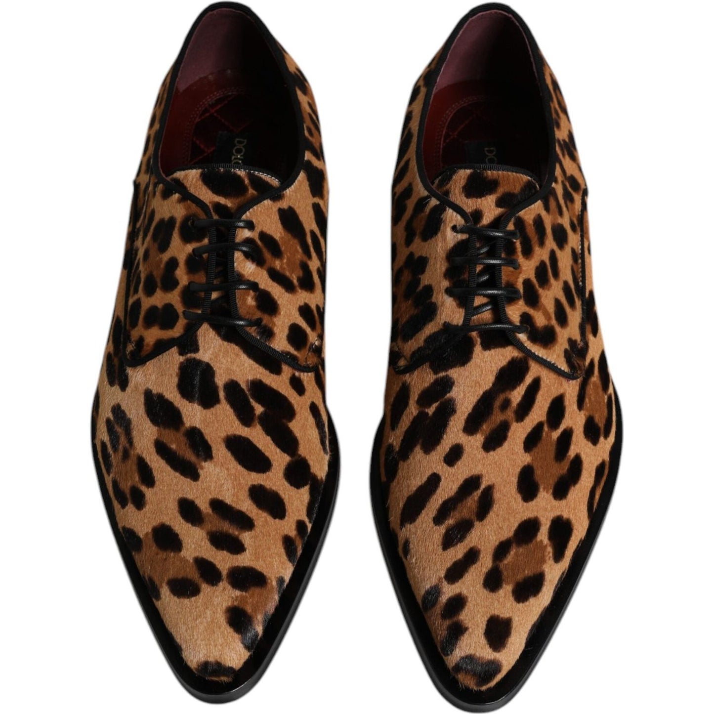 Dolce & Gabbana brown leopard print derby formal men's dress shoes with calf fur and leather sole, lace-up closure, exclusive design.