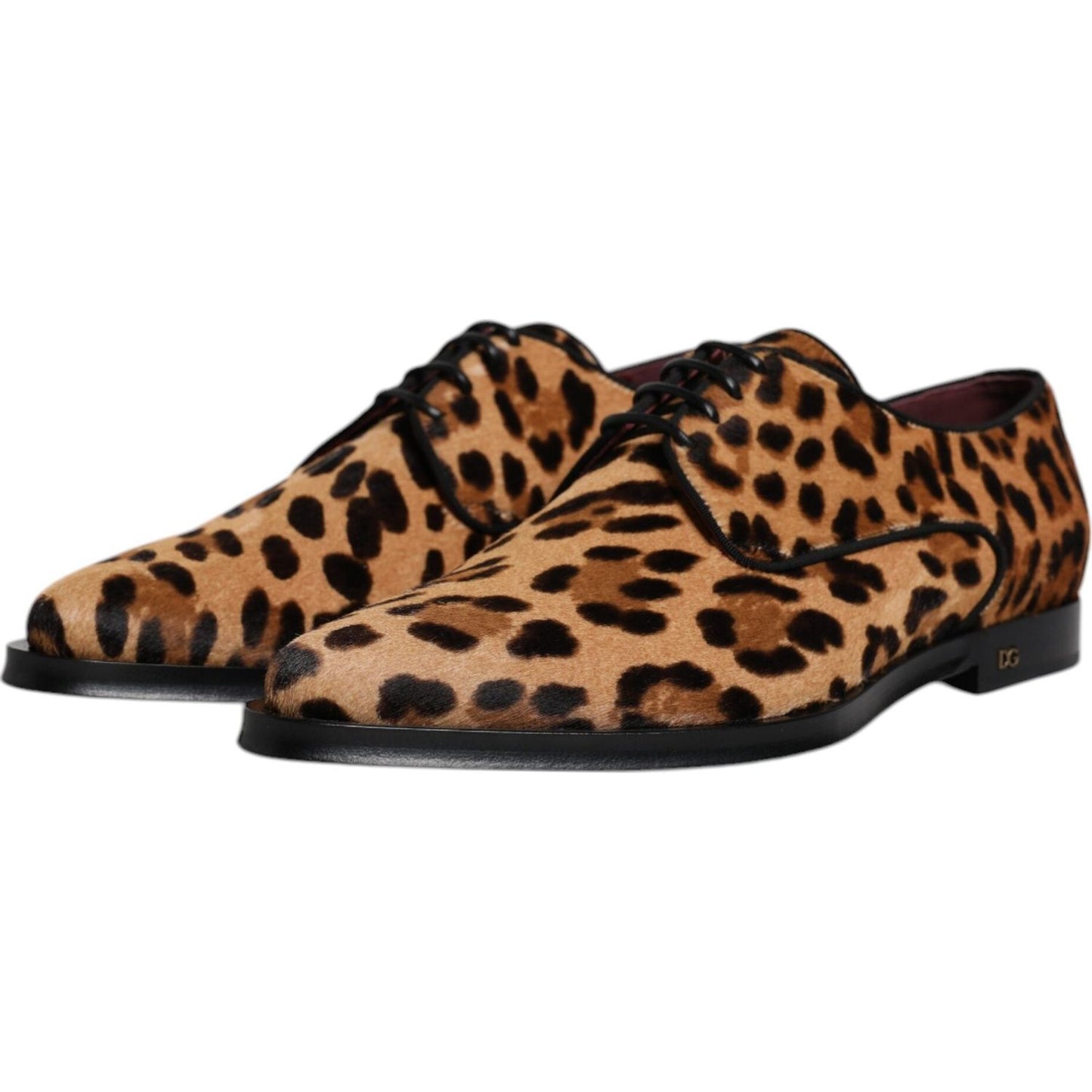 Dolce & Gabbana Brown Leopard Derby Formal Men Dress Shoes, calf fur, lace-up, leather sole, Italian craftsmanship, exclusive design
