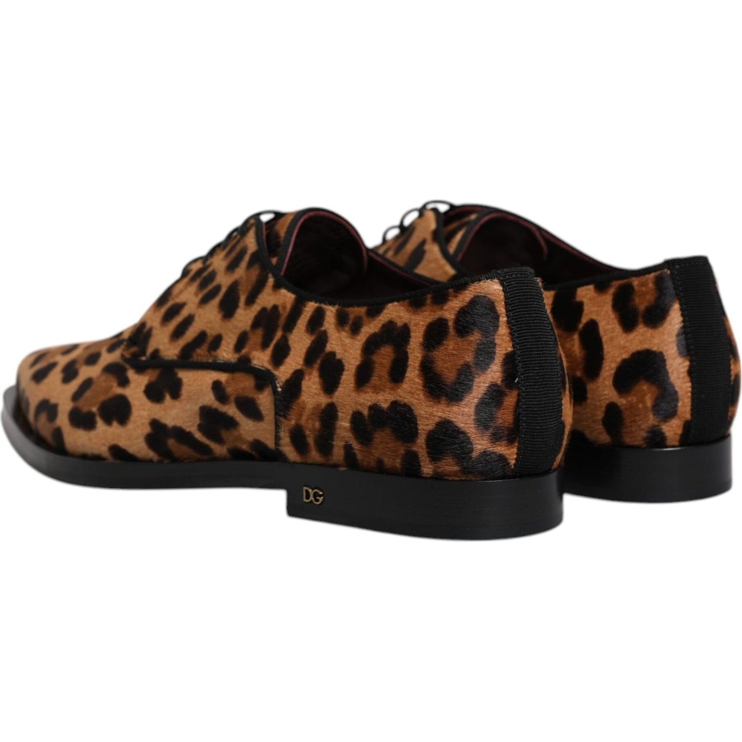 Dolce & Gabbana brown leopard derby men's dress shoes, calf fur, leather sole, lace-up, luxury footwear, back view.