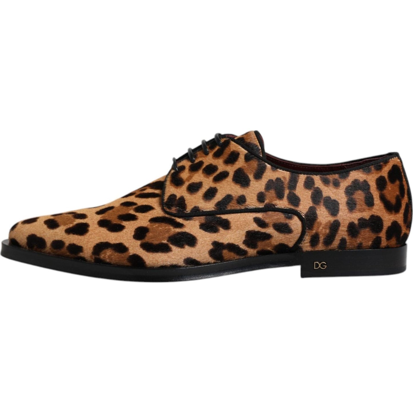 Dolce & Gabbana brown leopard derby shoes with calf fur, leather sole, lace-up, logo details, exclusive Italian craftsmanship.
