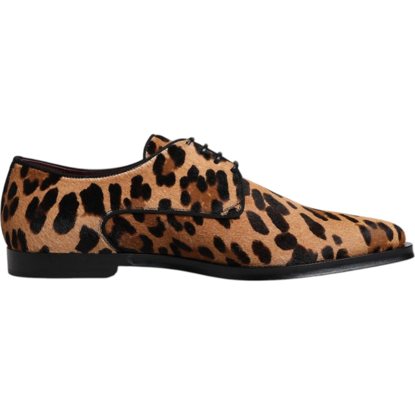 Dolce & Gabbana brown leopard derby men's dress shoes, calf fur leather, lace-up, made in Italy, formal footwear.