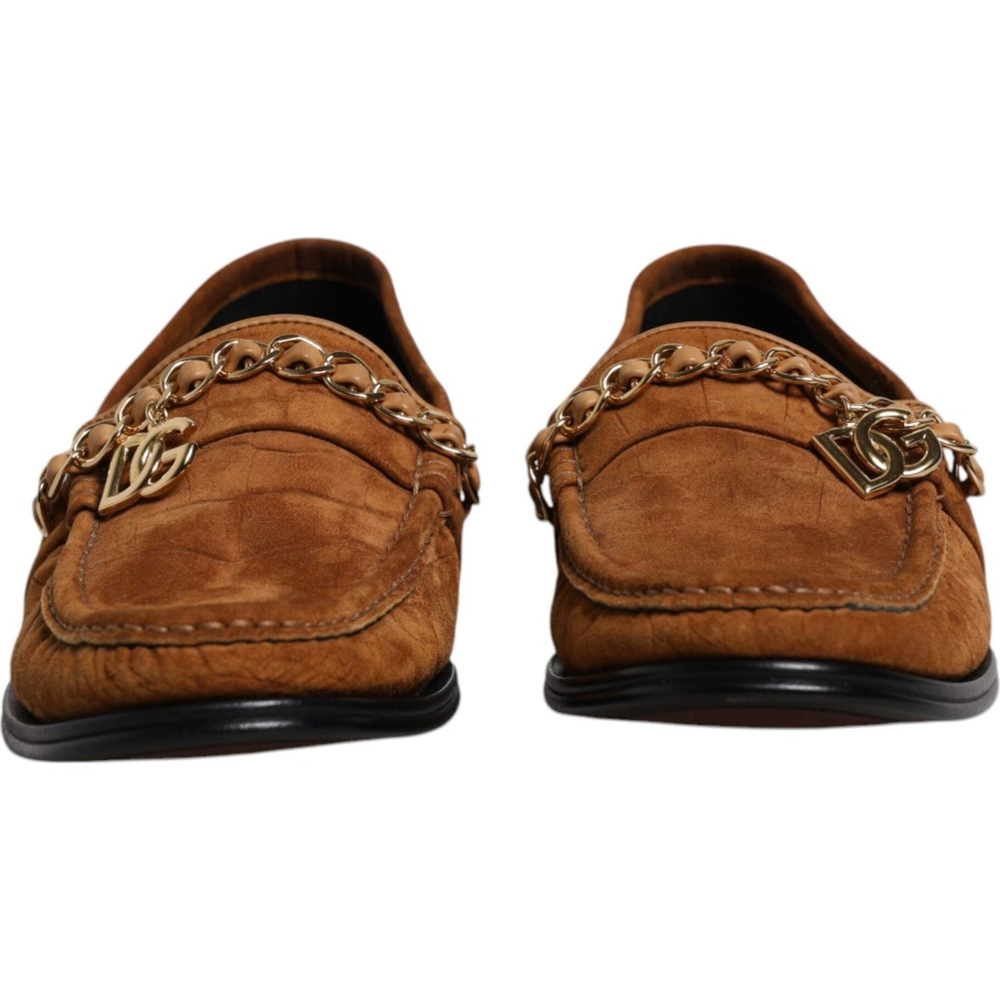 Dolce & Gabbana brown suede leather loafers with gold chain detail and logo accents, front view.