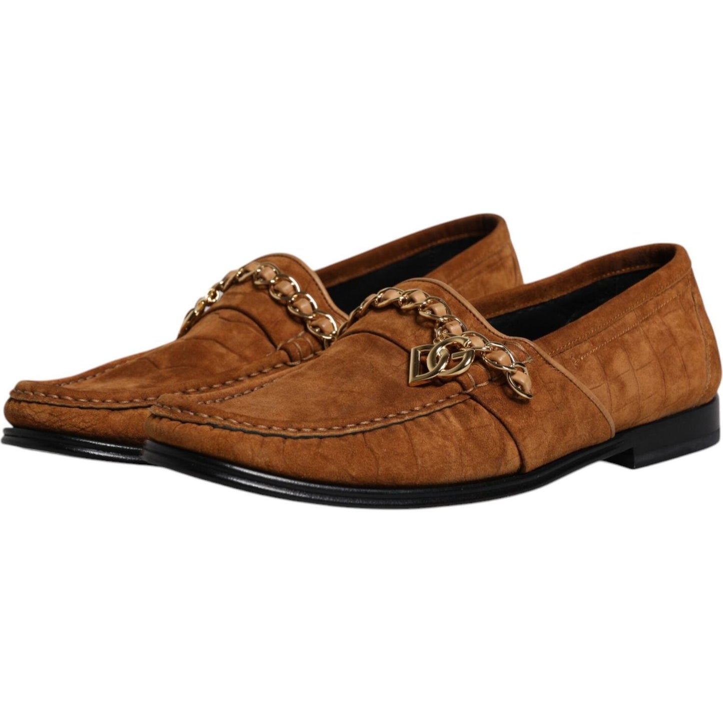 Dolce & Gabbana brown suede leather loafers, formal men's dress shoes, calf leather with logo detail, made in Italy, minor glue marks visible.