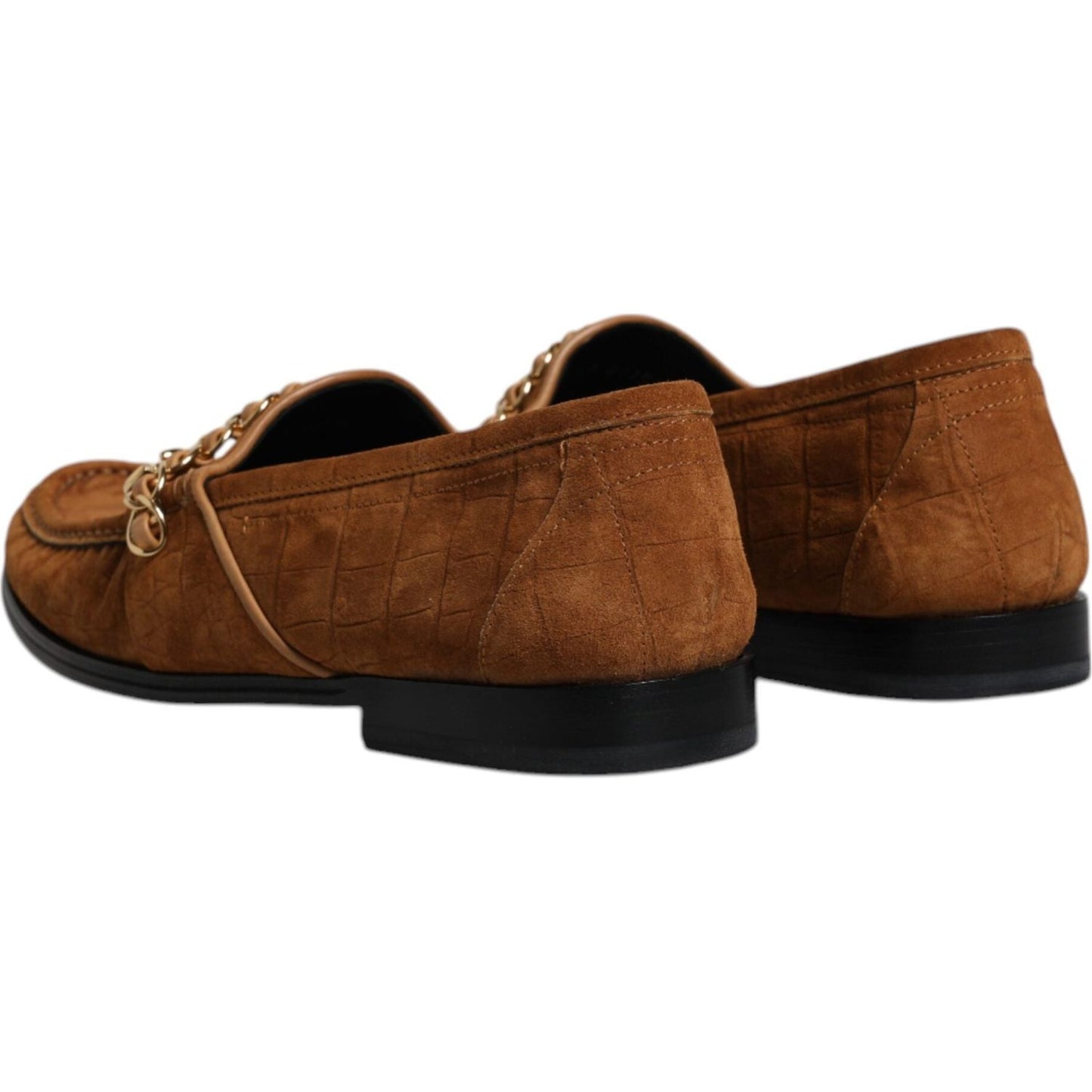 Dolce & Gabbana brown suede leather loafers with chain detail, side and back view highlighting high craftsmanship.