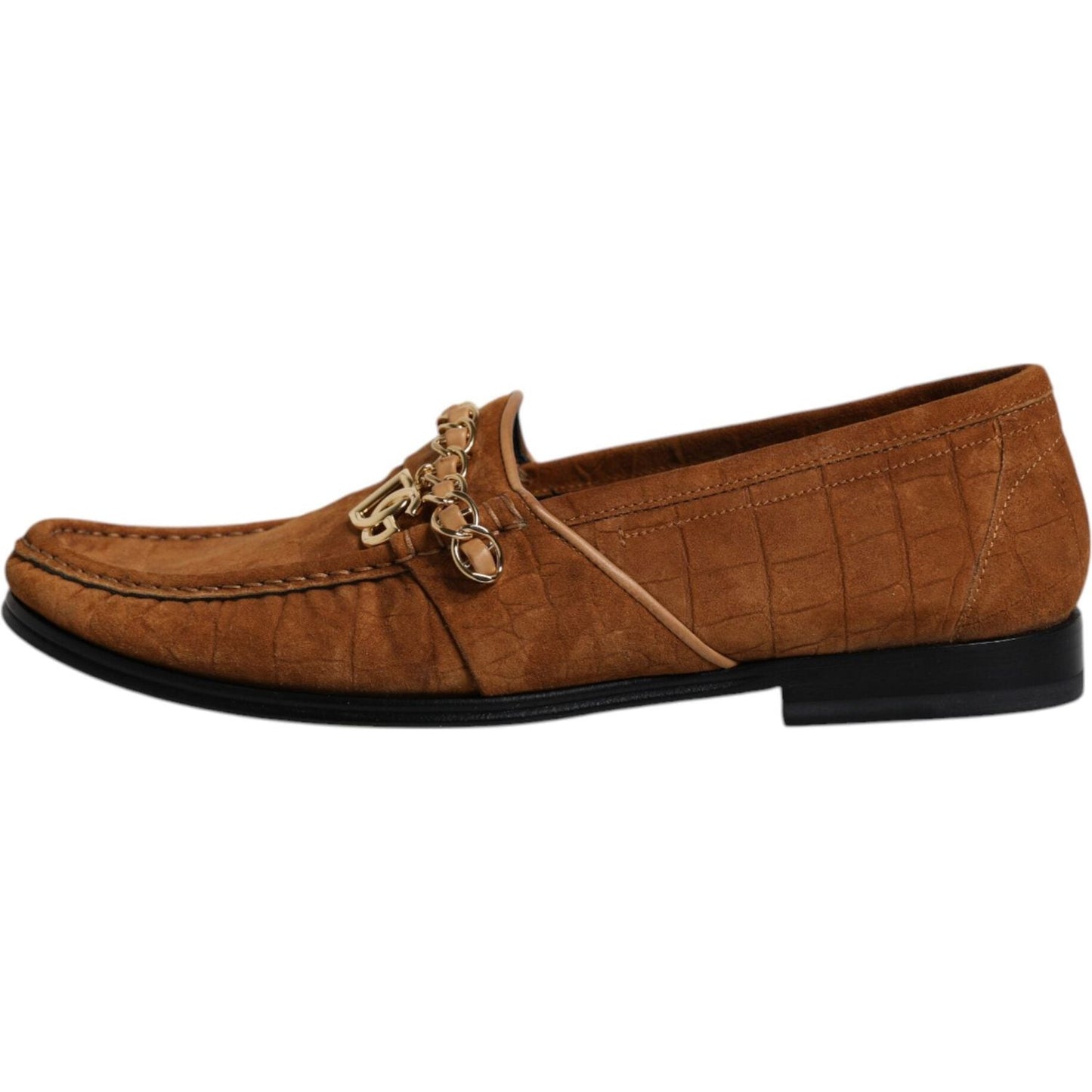 Dolce & Gabbana brown suede leather loafers with logo details, men's formal shoes, luxury calf leather, minor defect on right shoe.