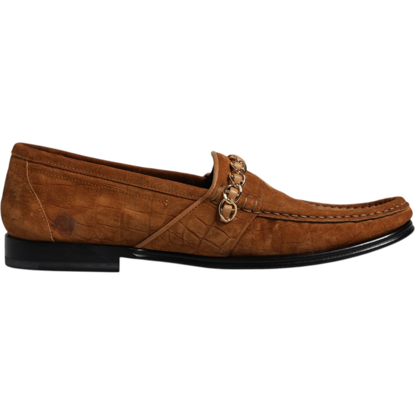 Dolce & Gabbana brown suede leather loafers with chain detail, elegant men's dress shoes, premium calf leather, minor glue mark visible.