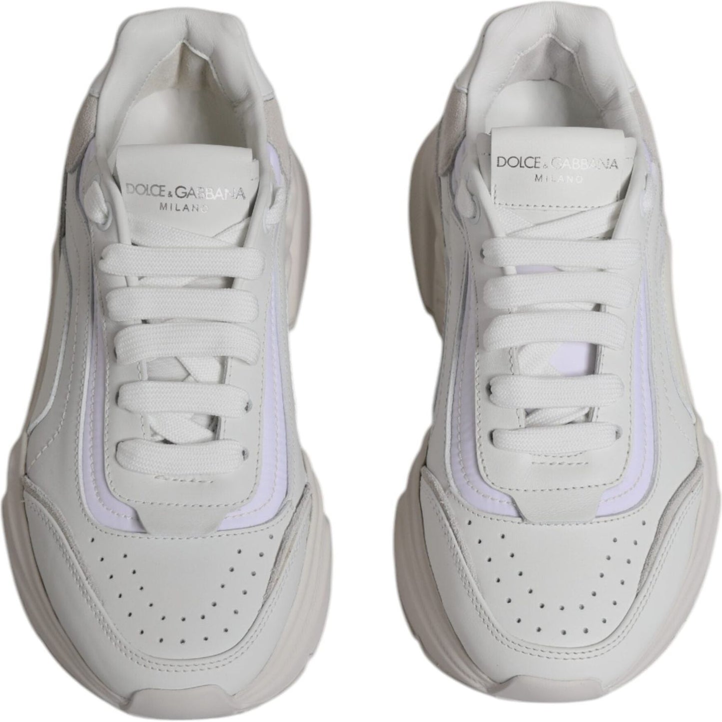 Dolce & Gabbana White Daymaster low-top sneakers, featuring calf leather and rubber soles, lace-up closure, crafted in Italy.