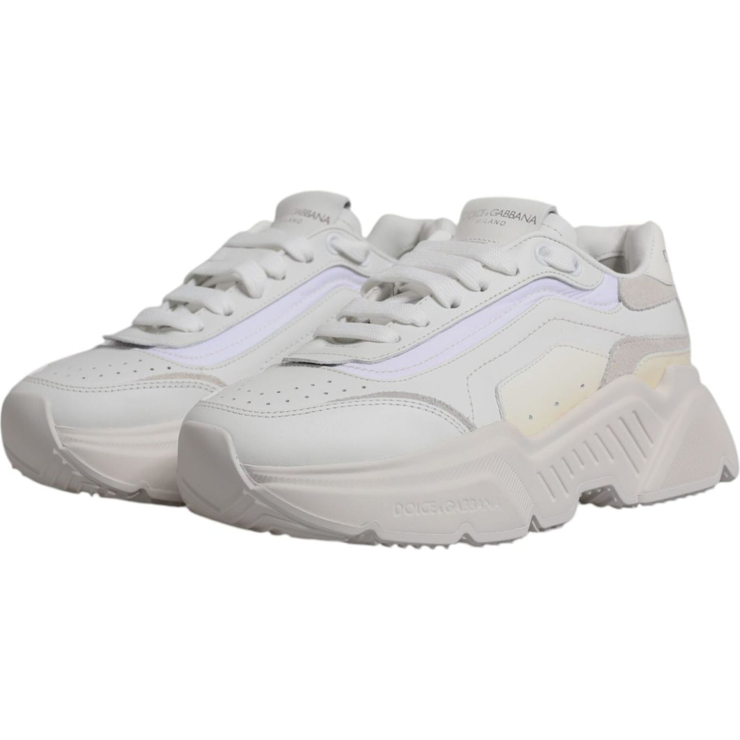 Dolce & Gabbana White Daymaster Low Top Sneakers featuring calf leather, nylon, rubber sole, lace-up closure, and logo details.