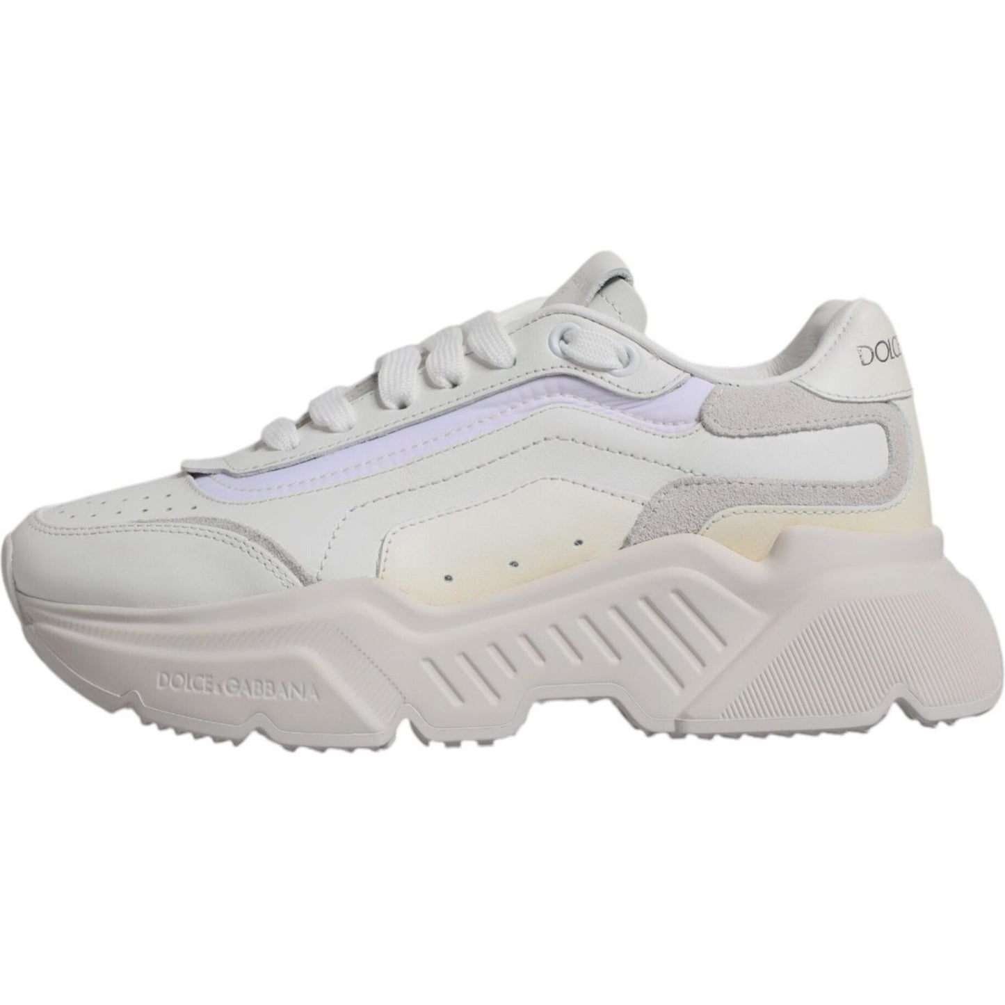 Dolce & Gabbana White Daymaster Low Top Sneakers, luxury calf leather shoes with a rubber sole, lace-up closure, logo details, made in Italy.