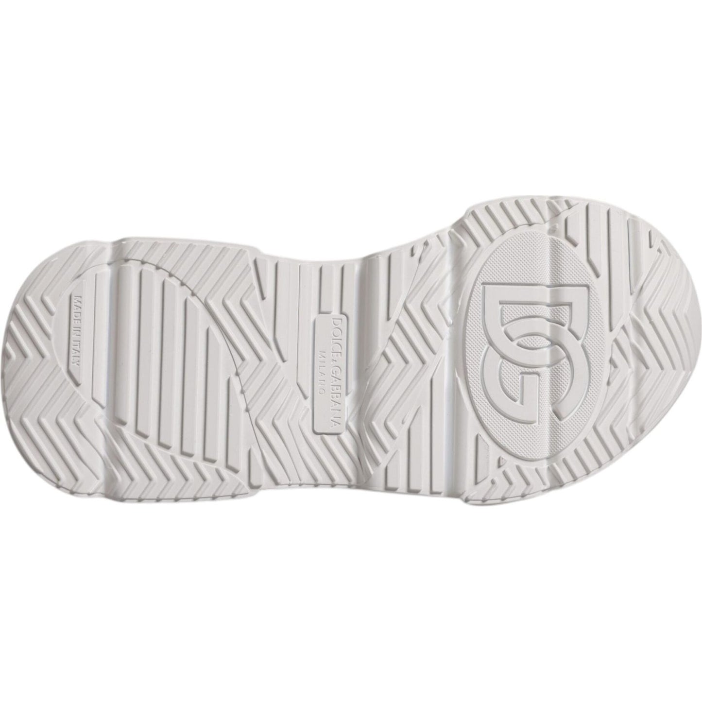 Sole of Dolce & Gabbana Daymaster sneakers showing intricate tread pattern, white rubber material.