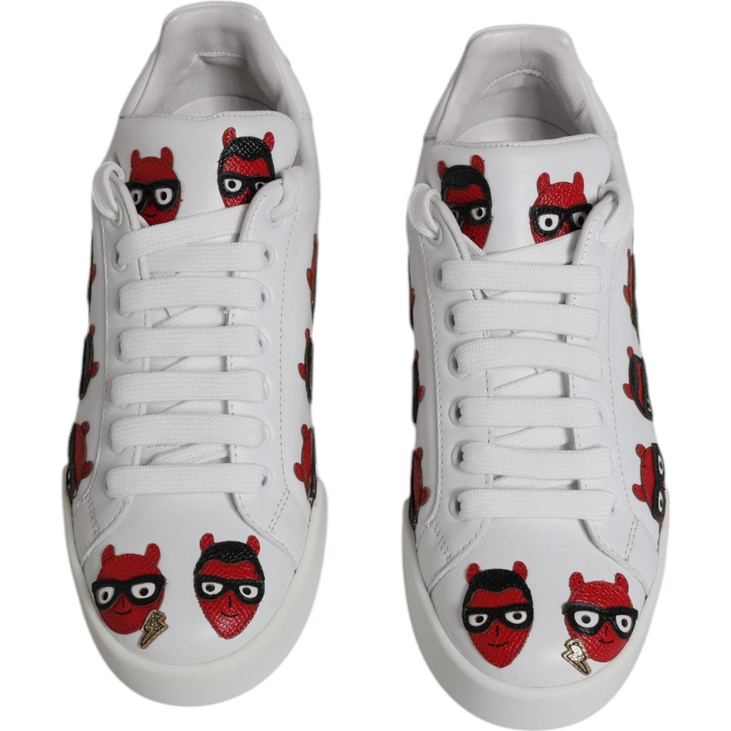 Dolce & Gabbana White Devil Face Portofino Sneakers with Red Embroidery and Lace-up Closure, Made in Italy, Calf Leather, Rubber Sole