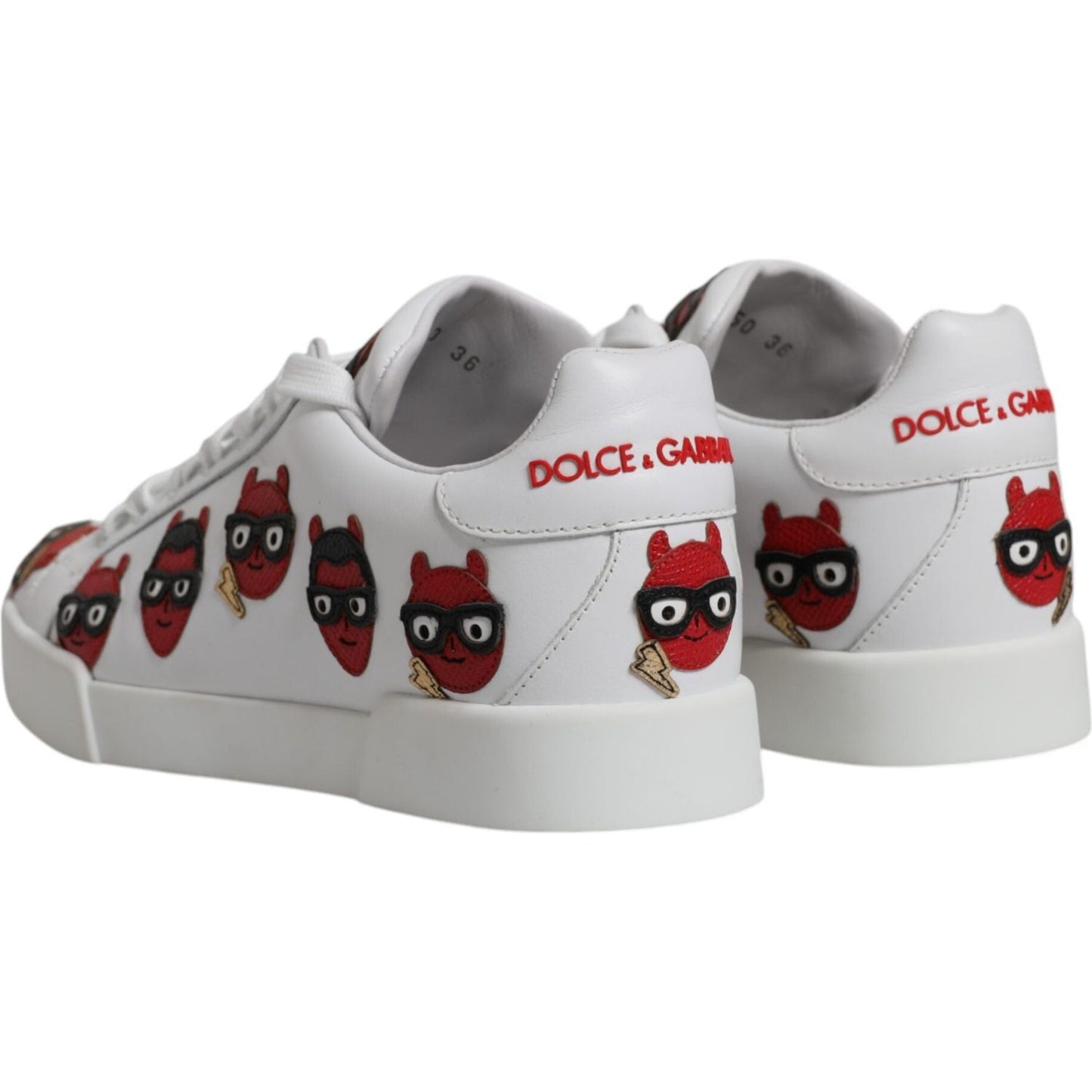 Dolce & Gabbana Portofino white sneakers with devil face design, red logo details, calf leather, rubber sole, and lace-up closure