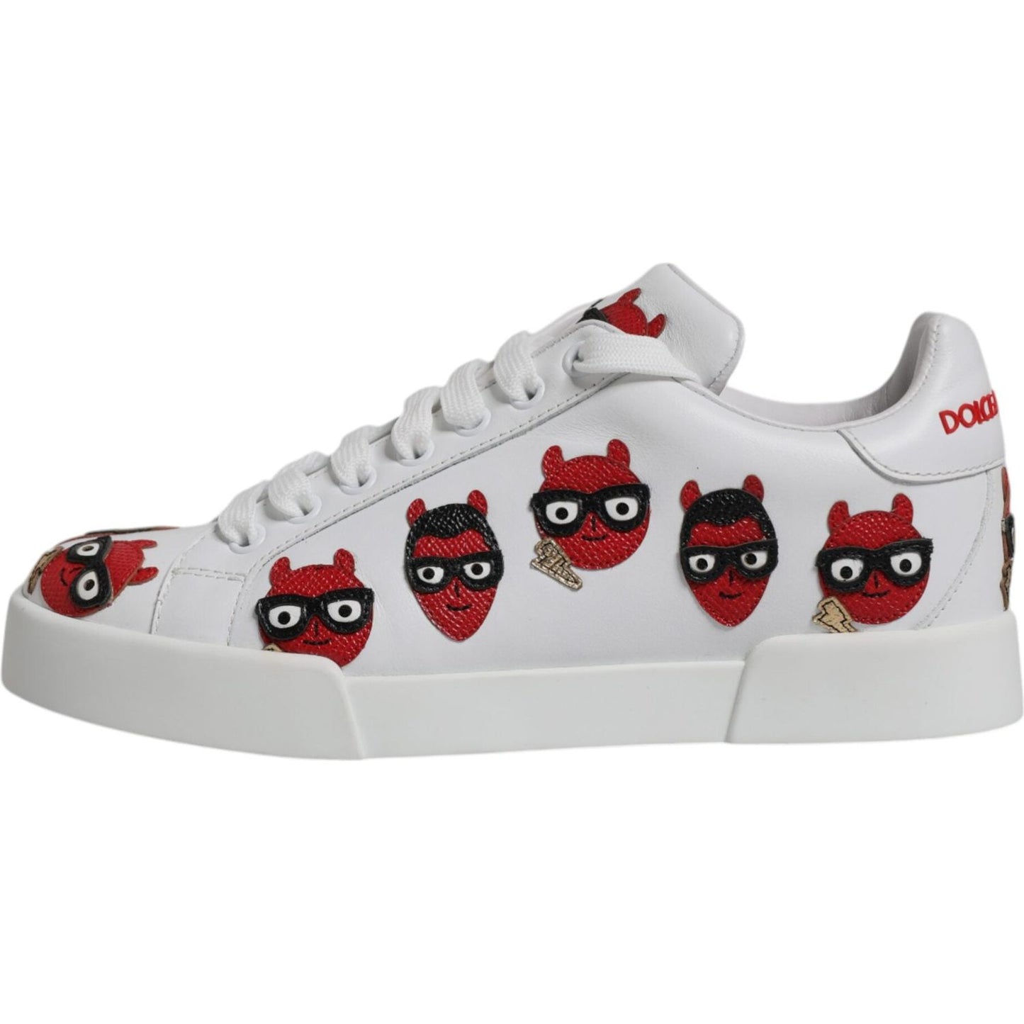 Dolce & Gabbana Portofino white sneakers with red devil face design, calf leather, rubber sole, lace-up, logo, luxury Italian craftsmanship
