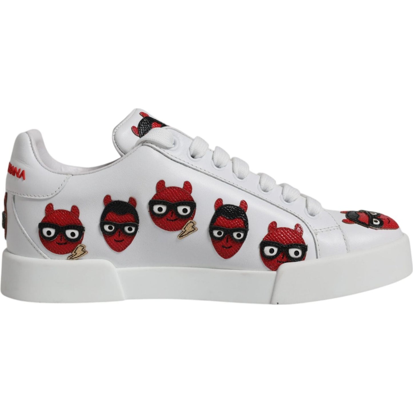 Dolce & Gabbana Portofino white sneakers with red devil face design, calf leather, rubber sole, and lace-up closure. Made in Italy.