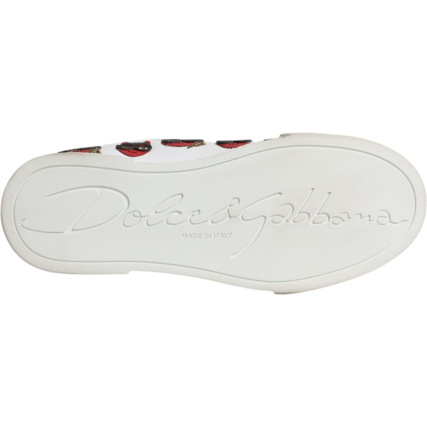 Dolce & Gabbana White Devil Face Portofino Sneakers sole view with logo, made in Italy, exclusive craftsmanship.