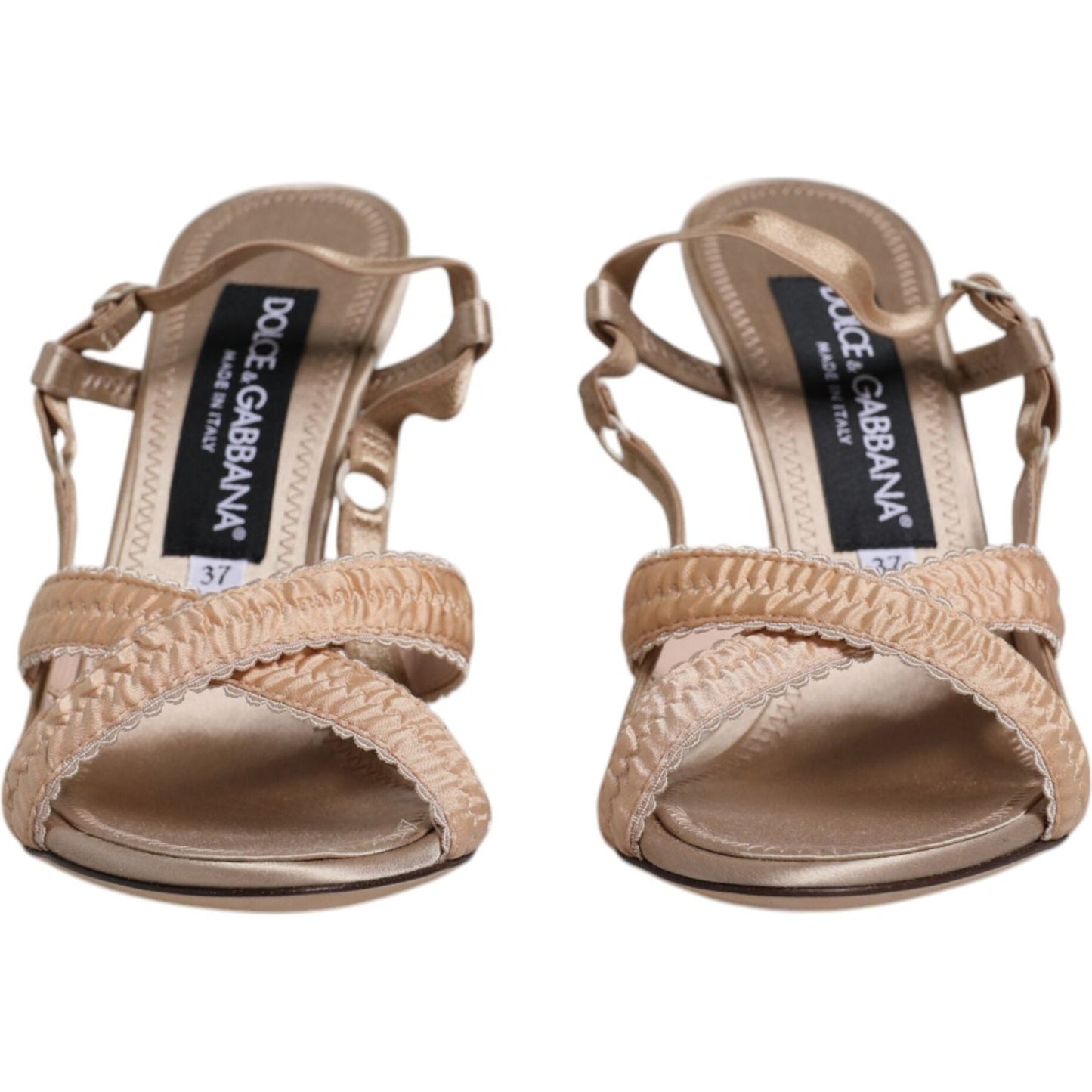 Dolce & Gabbana Beige Keira Slingback Sandals with Satin Finish and Logo, Crafted in Italy from Silk Blend, featuring Leather Sole.