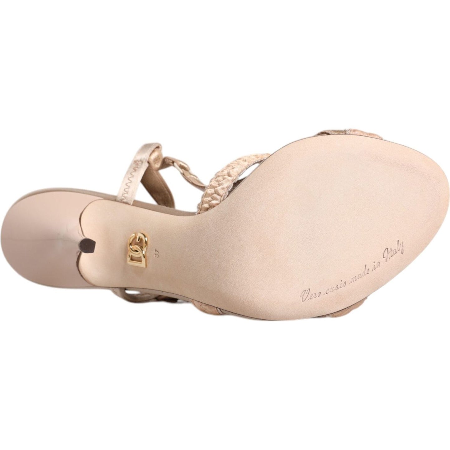 Dolce & Gabbana Beige Keira Slingback Heels sandals showing leather sole, logo detail, made in Italy craftsmanship.