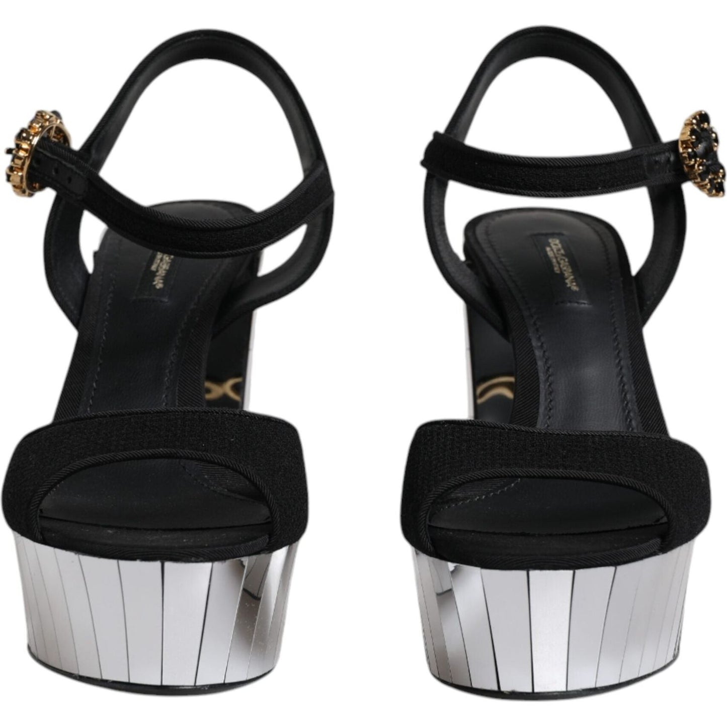 Dolce & Gabbana black ankle strap sandals with mirror heels, leather sole, logo details, elegant Italian craftsmanship.