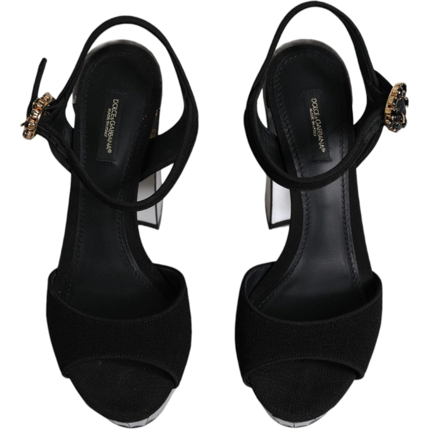 Dolce & Gabbana black mirror heels platform sandals with ankle strap and buckle details, made of wool, silk, elastane, and leather.