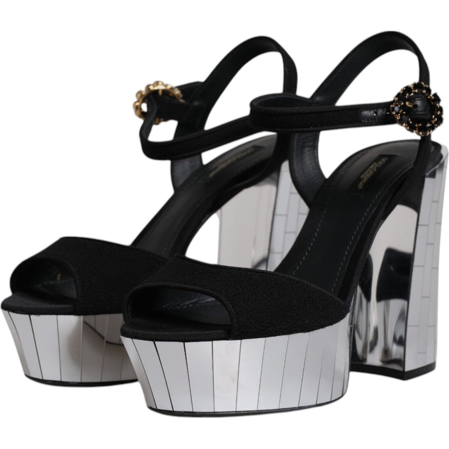 Dolce & Gabbana black mirror heels platform sandals with buckle, made in Italy, featuring ankle strap and logo details.