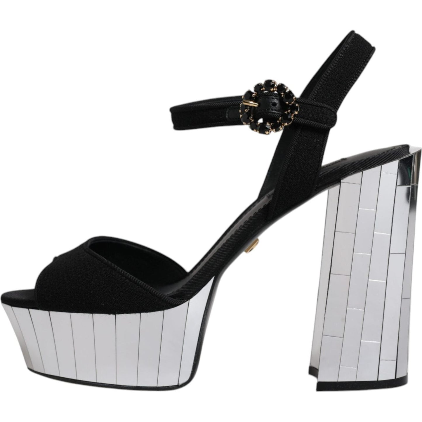 Dolce & Gabbana black platform sandals with mirror heels, wool-silk blend, buckle closure, luxury Italian craftsmanship.