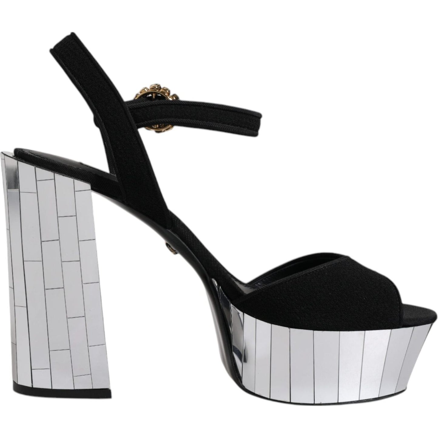 Dolce & Gabbana Black Mirror Heel Platform Sandals with ankle strap and logo detail, made of wool and silk, leather sole.