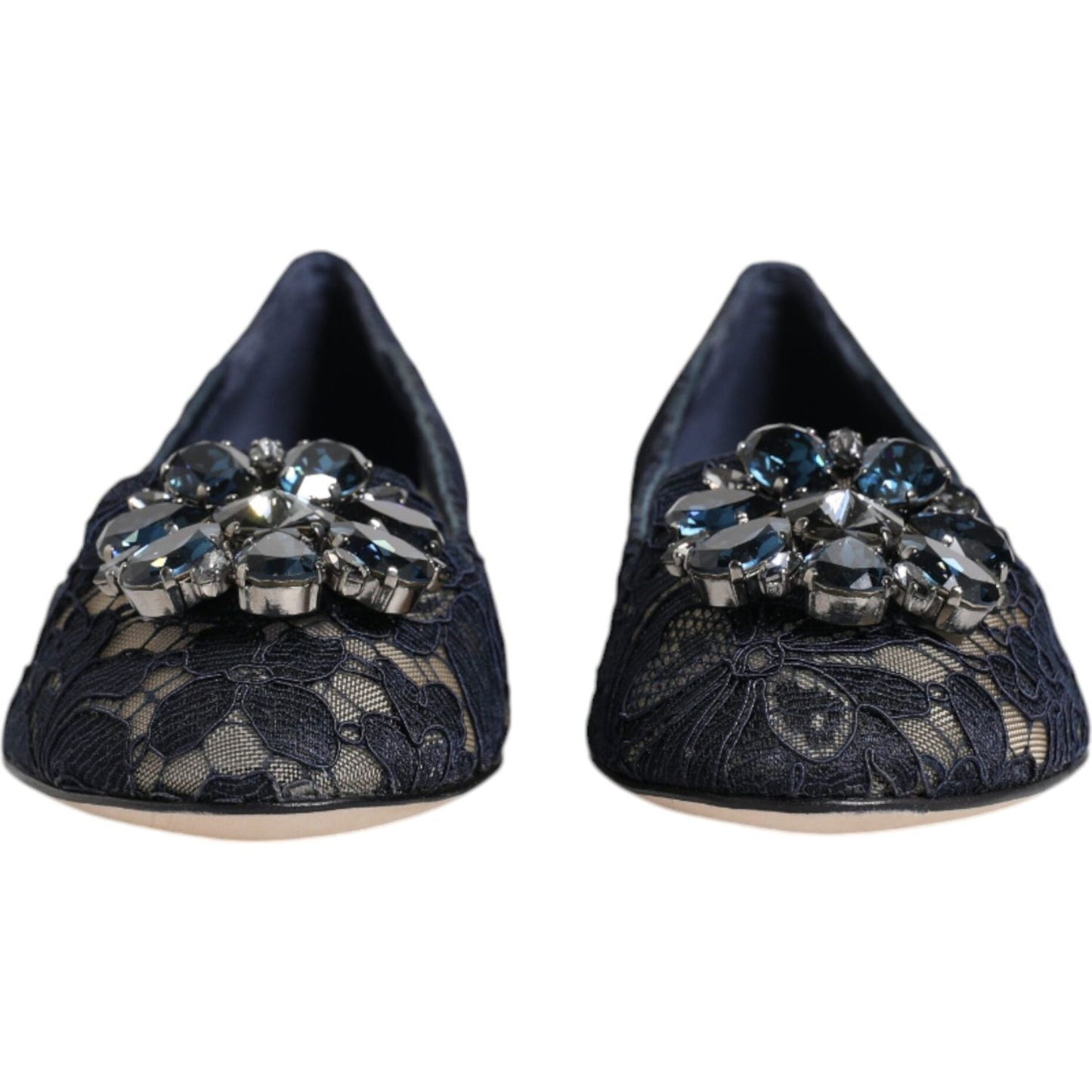 Dolce & Gabbana dark blue Taormina lace flats with crystal embellishments, featuring almond toe and floral pattern.
