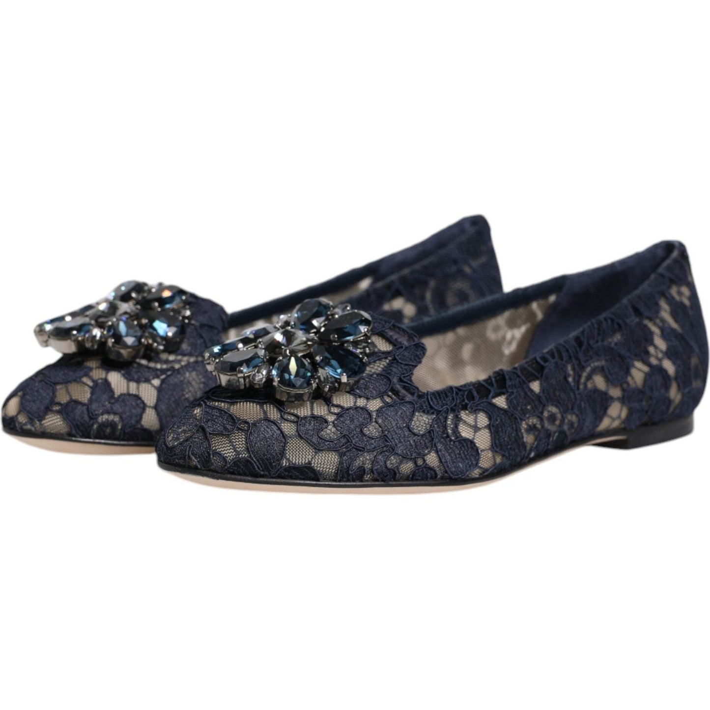 Dolce & Gabbana blue Taormina lace flats with crystal embellishments, elegant almond toe design, crafted in Italy.